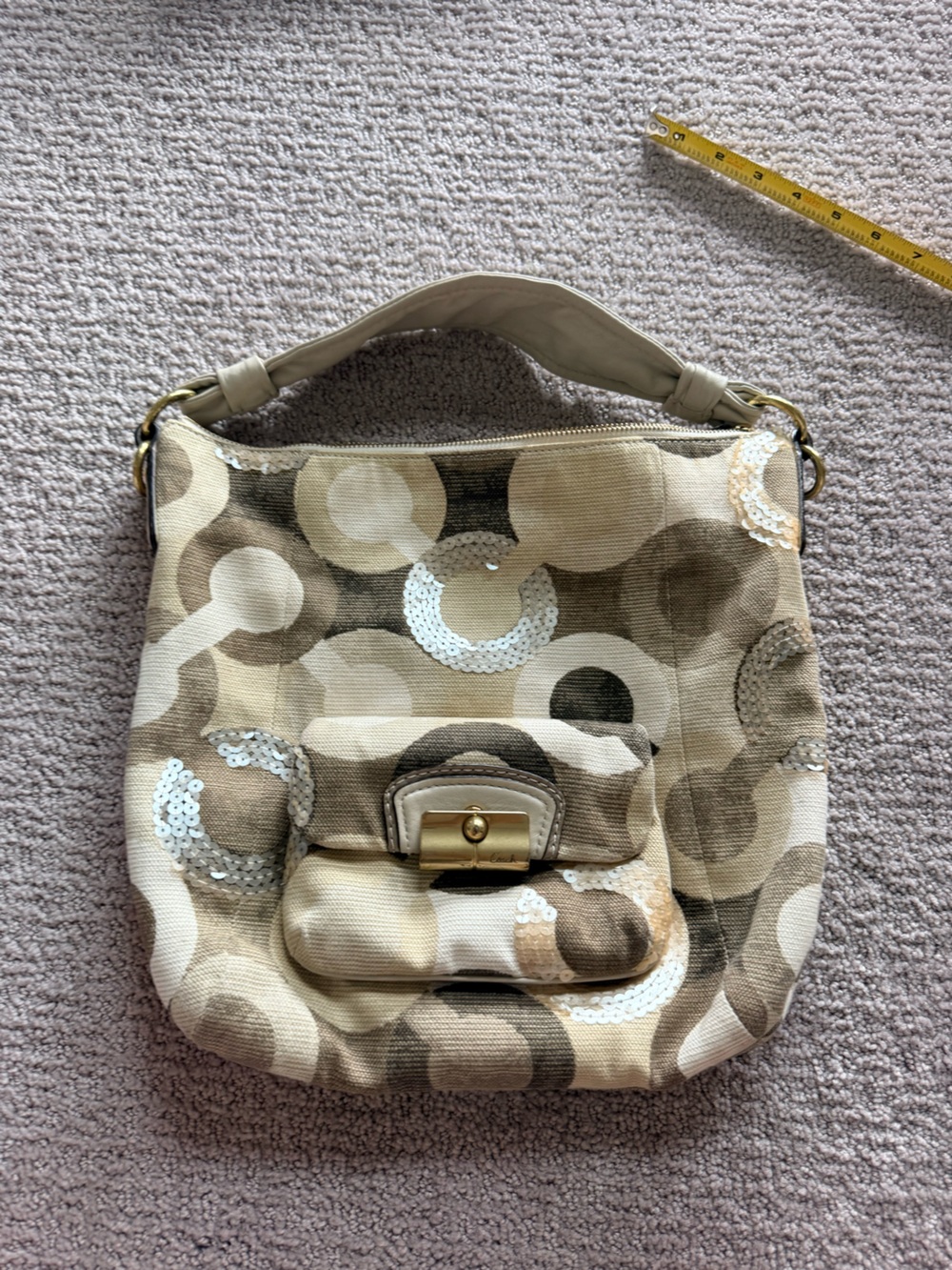 Coach Beige and Cream Signature Circle Shoulder Bag with Sequins